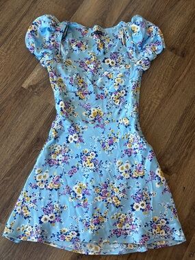 Zara Satin Blue Floral Puffy Sleeve Babydoll Mini Dress Size XS